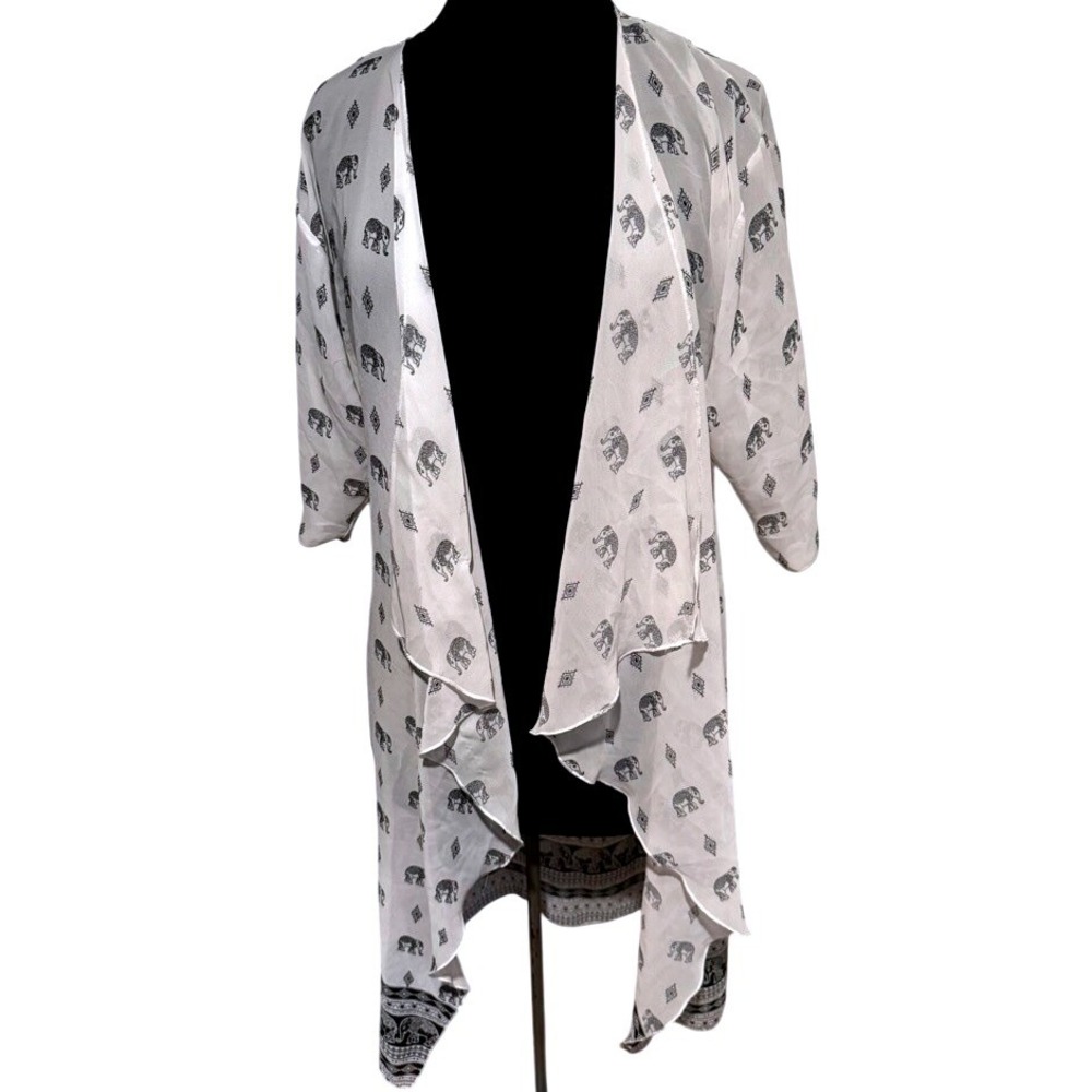 LuLaRoe Shirley Kimono Elephant Print Sheer Cardigan Size S Black White‎